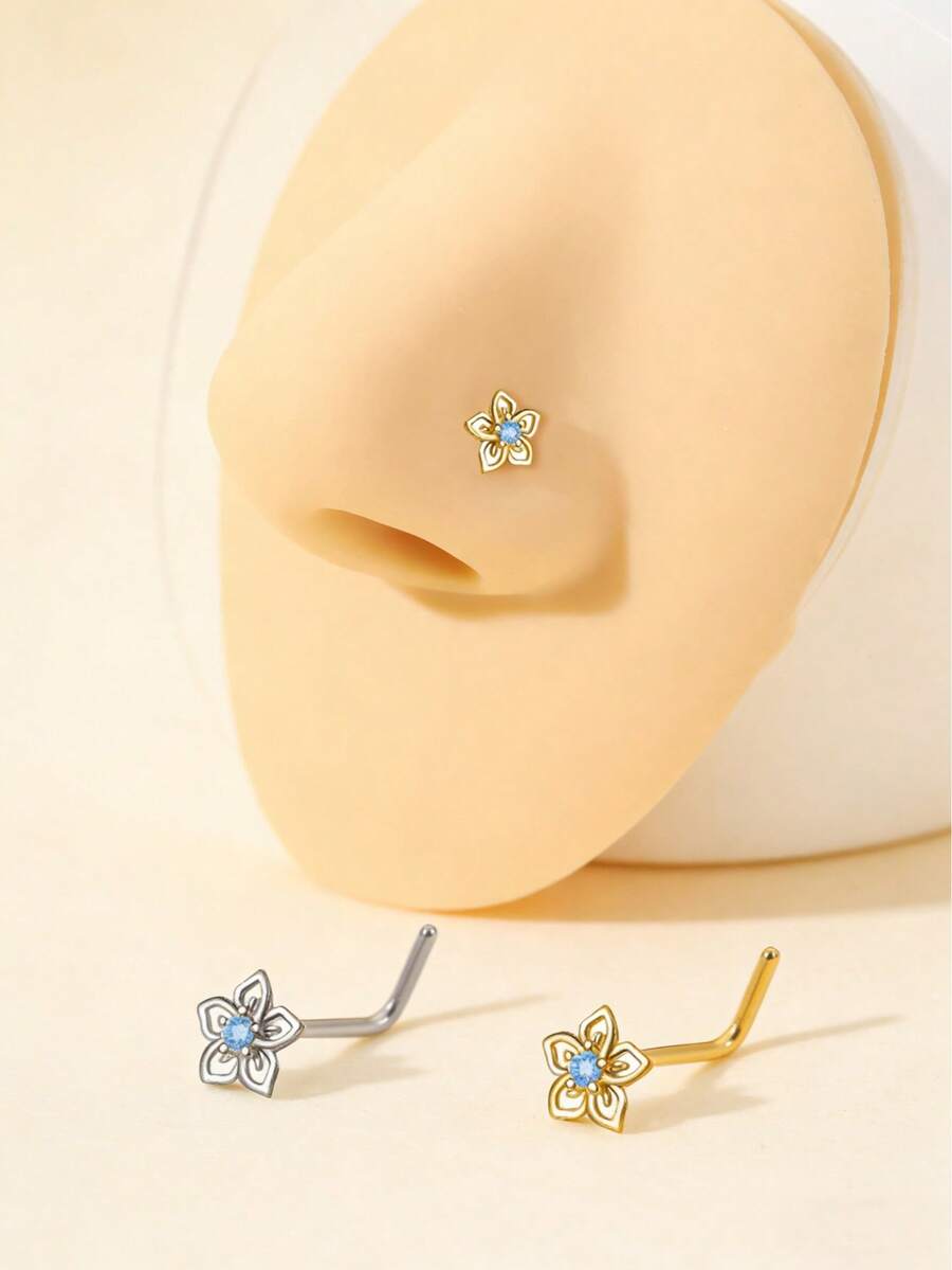 2 chiếc khuyên mũi hình chữ L bằng thép không gỉ mạ vàng/bạc và đính đá CZ xanh dương, thiết kế hoa, dành cho nữ - Thích hợp cho đeo hàng ngày, dự tiệc và các phong cách thời trang. - Vàng + Bạc - Xem 1