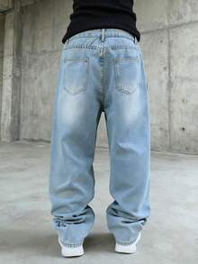 男士宽松嘻哈牛仔裤阔腿牛仔裤休闲宽松长裤街头风多色男士长裤 - 淺色水洗藍 - 查看 2