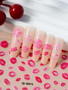2片装5D情人节粉色嘴唇吻痕美甲贴纸，2片装可爱嘴唇美甲贴花，5D性感嘴唇自粘美甲设计，适合女性/女孩情人节美甲装饰美甲用品 - 彩色 - 查看 5