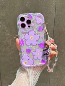 1 chiếc ốp lưng điện thoại chống sốc họa tiết hoa và dâu tây dễ thương, viền lượn sóng, tương thích với iPhone 15/11/12/13/14/XR/XS/Pro/Max, 17 Pro Max, 16 Plus, 15 Pro Max, unisex, quà tặng ngày Valentine, phiên bản quốc tế, không phải phiên bản nội địa. - Màu tím hoa cà - Xem 3