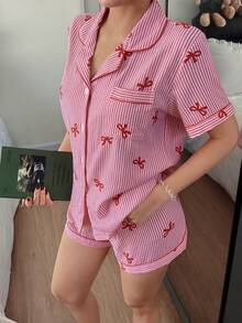 情人节红色蝴蝶结条纹印花短袖短裤睡衣套装（女士款） - 紅色 - 查看 4
