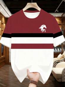 2pcs Plus Size Men Street Hip Hop Set, Burgundy Contrast Stripe Short Sleeve T-Shirt + Loose Casual Shorts With Horse Print Summer Sports - Red - View 3