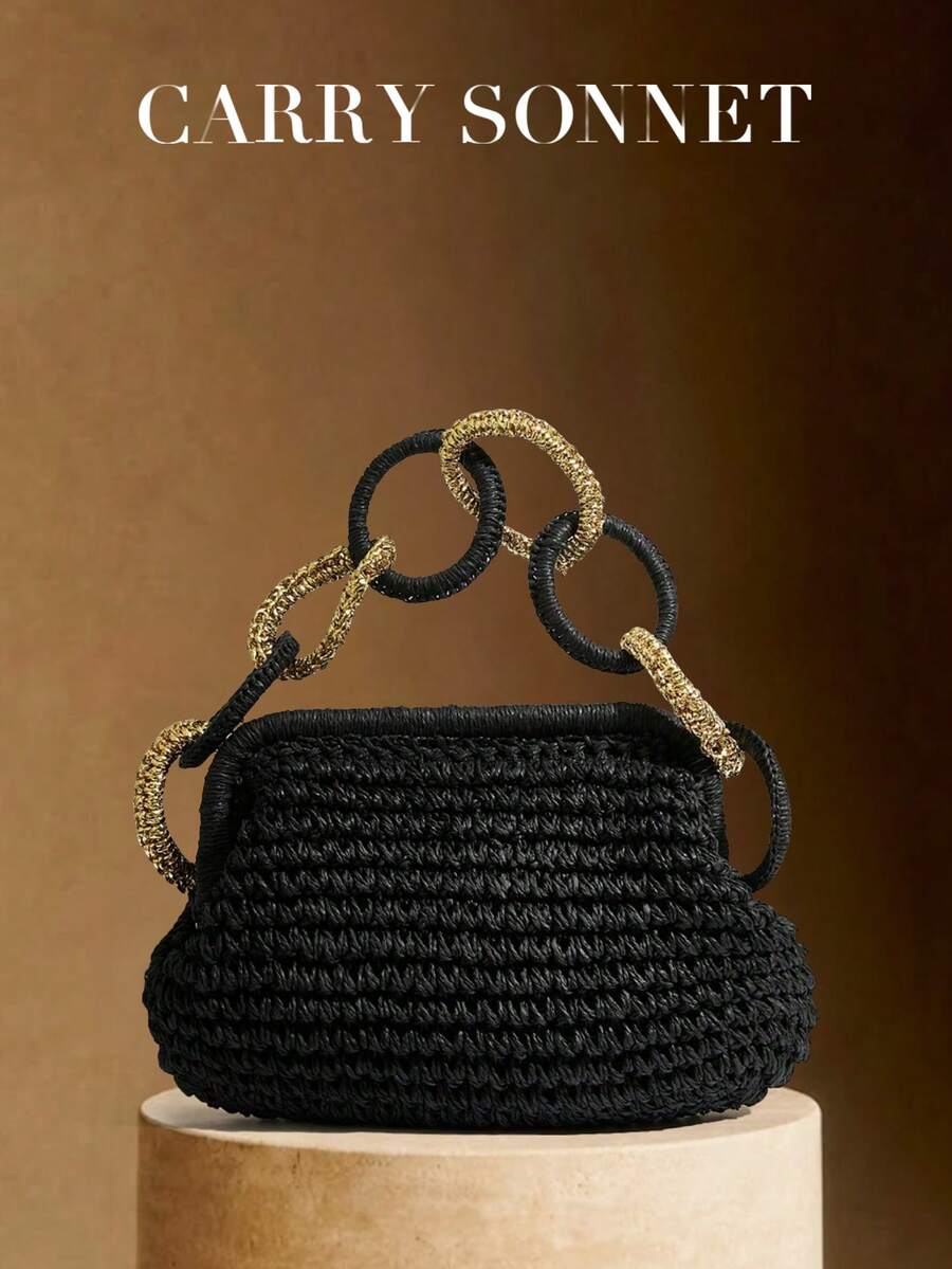 Women's Straw - Braided Crossbody Bag With Tassel Chain & Shoulder Straps. Handmade Woven Beach Handbag/Wallet. Holiday Essential