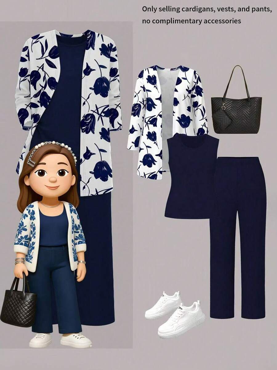 3-częściowy damski, swobodny kardigan z nadrukiem roślinnym w dużych rozmiarach + top bez rękawów z okrągłym dekoltem + elastyczny pas z kieszeniami i prostymi spodniami, komplet garniturowy do pracy, jesień/zima