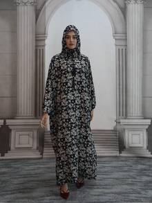 عباءة نسائية طويلة مطبوعة بالزهور مع كابوشون وسحاب، عباءة صلاة عربية مصنوعة من قماش منسوج، فضفاضة ومريحة وقابلة للتنفس، مناسبة لجميع المواسم والعطلات - متعدد الألوان - مشاهدة 2