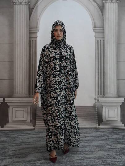 Floral Print Women's Hooded Drawstring Long Robe, Woven Fabric Zipper Arabic Prayer Robe, Loose Comfortable Breathable, All Season