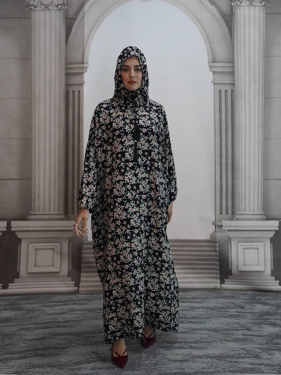 عباءة نسائية طويلة مطبوعة بالزهور مع كابوشون وسحاب، عباءة صلاة عربية مصنوعة من قماش منسوج، فضفاضة ومريحة وقابلة للتنفس، مناسبة لجميع المواسم والعطلات
