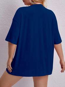 Oversized Printed Aloha Flower T-Shirt, Summer/Spring Short Sleeve Blouse, Lightweight Gym Wear - Royal Blue - View 2