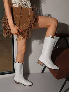 Fall/Winter 2025 New Women's Embroidered Leather White Western Boots, Pointed Toe Thick Heel High Heel Sleeve Mid-Calf Boots, Outdoor Leisure Fashion Boots,Cowboy Boots - White - View 4