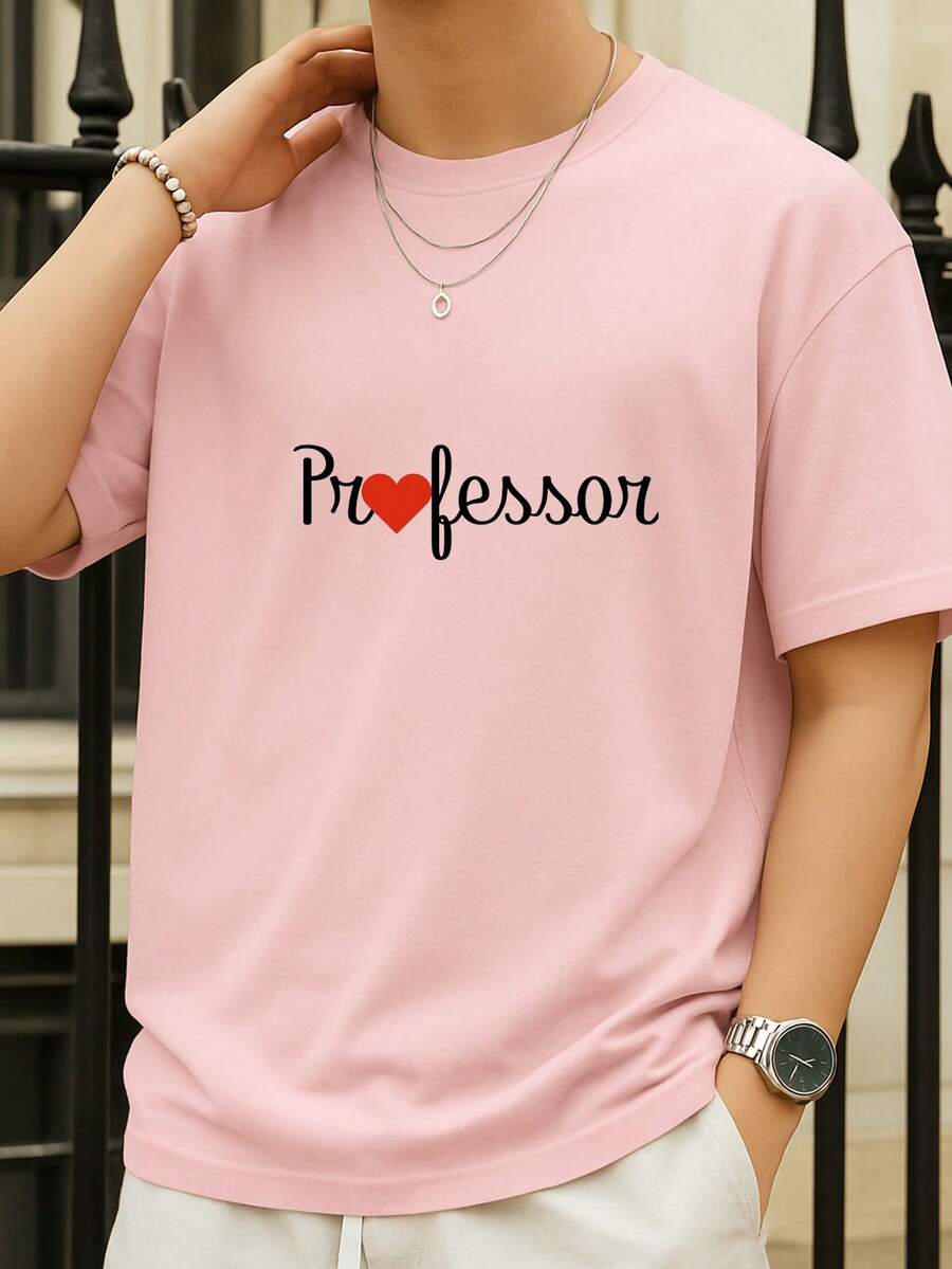 Men's 100% Cotton Printed T-Shirt, Teacher/School/Pedagogy, Slim Fit. - 淺粉色 - 查看 1