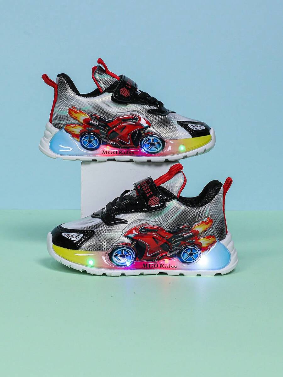 Fashionable Motorcycle LED Luminous Leather Breathable Sports Shoes, Suitable For Boys And Girls - Casual, Shock-Absorbing, All-Season Non-Slip Outdoor Running And Walking Shoes - Red - View 1