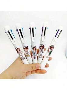 5支装万圣节白色医用彩色笔，医用印花笔，护士节系列按压式礼品笔，万圣节，圣诞节礼物