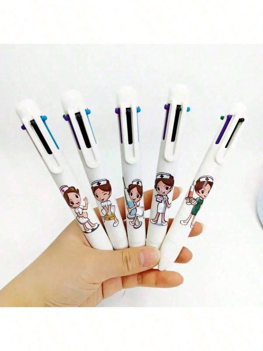 5支装万圣节白色医用彩色笔，医用印花笔，护士节系列按压式礼品笔，万圣节，圣诞节礼物