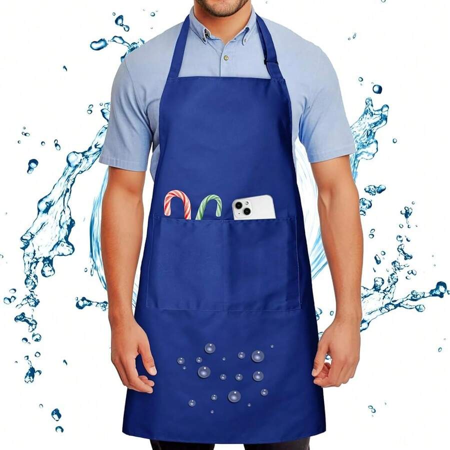 Chef Apron For Men And Women Wash Free Bib Apron With 2 Pockets Water & Oil Proof Adjustable Aprons,Blue - Blue - 查看 1
