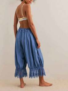 Womens Cropped Pants, Loose Mid Rise Patchwork Lace Lantern Trousers, Casual Streetwear Fashion Pants For Spring Summer Daily Wear - Blue - View 2