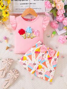 2pcs Baby Girl Cartoon Ice Cream Print Sleeveless Top And Matching Allover Print Shorts Set, Spring/Summer - Pink - View 1