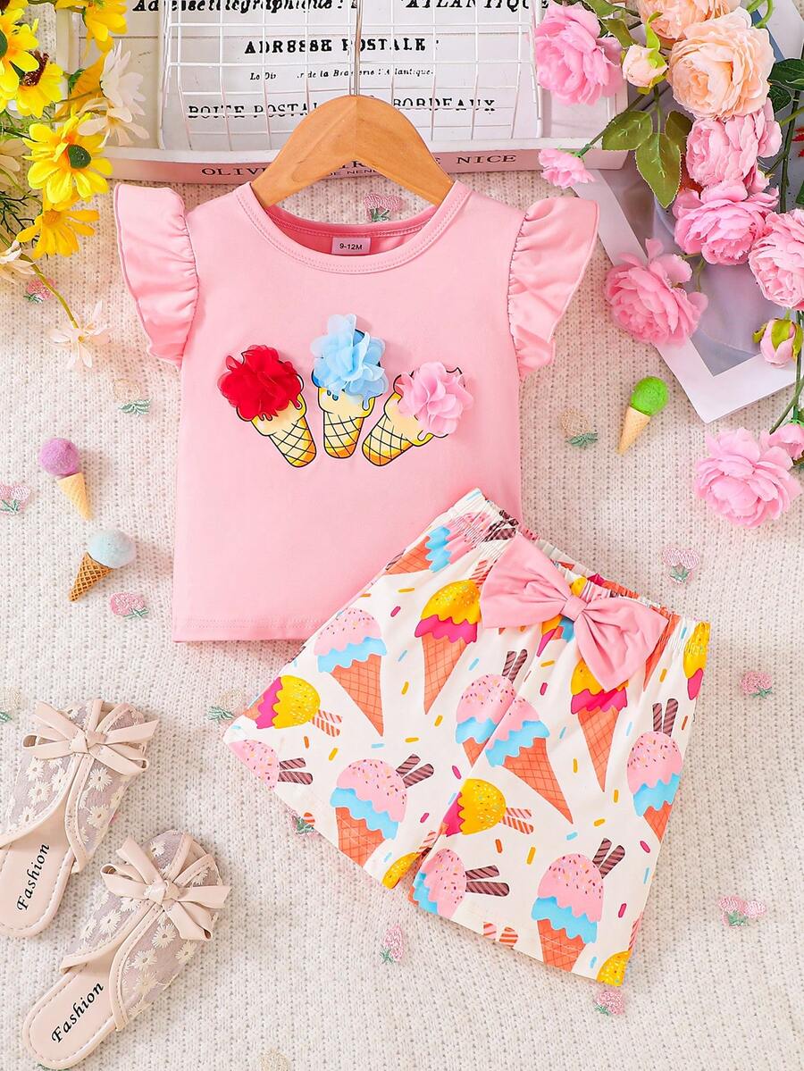 2pcs Baby Girl Cartoon Ice Cream Print Sleeveless Top And Matching Allover Print Shorts Set, Spring/Summer - Pink - View 1