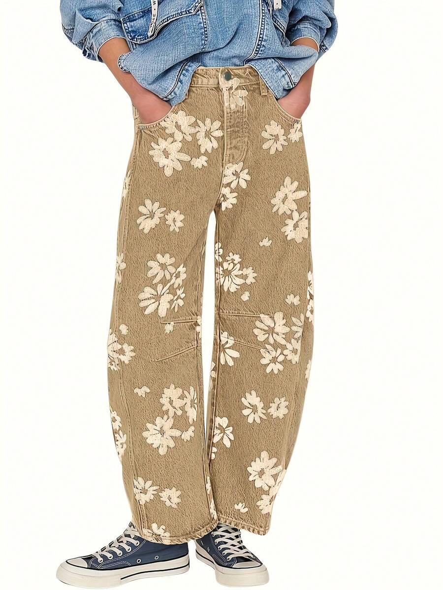 Women'S Y2k Distressed Boyfriend Fit Jeans |   Floral Print, Boot Cut, Mid Waist, Button Fly Closure, Casual Style, Suitable For All Seasons - Nhiều màu - Xem 1