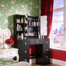 Modern Dressing Table Set With Large Mirror And 7 Drawers Wood Makeup Desk Black - Schwarz - Übersicht 9