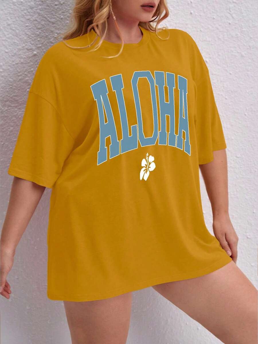 Oversized Printed Aloha Flower T-Shirt, Summer/Spring Short Sleeve Blouse, Lightweight Gym Wear - Mustard Yellow - View 1