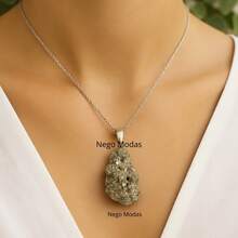 Colar de Pirita, Pedra Bruta, Corrente Aço Inox, Pedras Natrurais, Rustico, Renovação, Cura