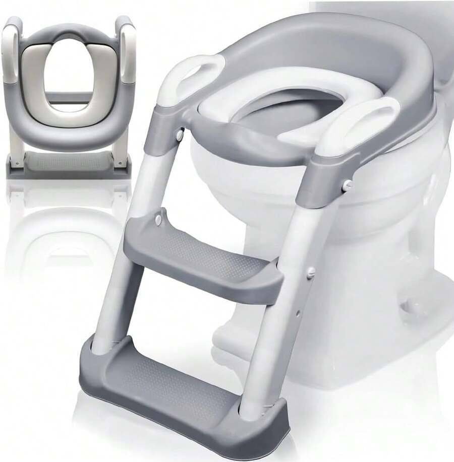 Asiento de Entrenamiento para Niños con Escalera Plegable - Taburete Infantil para Taza de Baño, Cojín de PVC, Asiento Tapizado de Entrenamiento Baño Niño, Escalera Antideslizante, Ergonómico (Gris) - Rosa, PVC - Ver 1