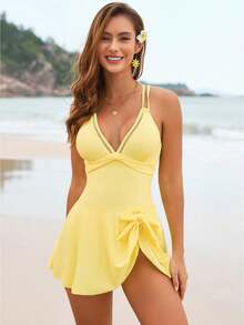 Deep V Halter Neck Swimdress - Tie Front One-Piece Womens Stylish Modest Swimwear - 黃色 - 查看 1