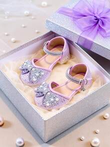 1 Pair Girls' Rhinestone Bow High Heel Sandals, Children's Glitter Closed Toe Dress Shoes Suitable For 3-12 Years Old, Party & Dance Performance