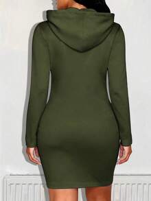 Women's Solid Color Hooded Neck Long Sleeve Sweatshirt With Pockets - Army Green - View 2