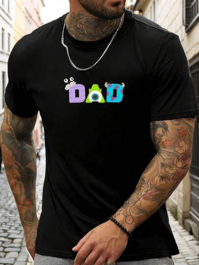 Camiseta gráfica para hombres con letra de monstruo DAD - Camiseta casual negra de verano con diseño de monstruo colorido, manga corta, cuello redondo, ligera y transpirable para atuendo casual, camiseta de uso diario| Camiseta gráfica divertida| Ajuste Cómodo, Camiseta Monster