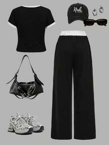 Tween Girls' Letter Print Short Sleeve Top And Pants Set - Black - View 2