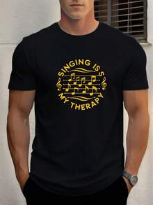 Camisa de hombre con la inscripción "Cantar es mi relajación" - Camisa casual gráfica para el verano con mangas cortas, cuello redondo y notas musicales. Tela ligera y transpirable para amantes de la música. Comodidad diaria. Camisa con un ajuste relajado. Parte superior de fácil cuidado - Negro - Ver 6