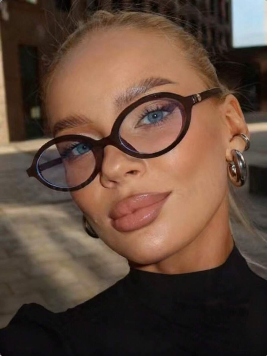 Women's Transparent Brown Oval PC Frame Flat Glasses, Suitable For Daily Wear - Brown - View 1