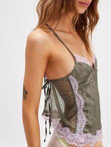 Women Sexy Tie Up Lace Trim Cami Tops Semi Sheer Crop Tops Y2k Girls Cute Summer Camisole Shirt Going Out Tops - 綠色 - 查看 3