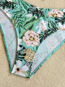 夏季随机印花性感波西米亚交叉肩带细肩带比基尼泳装海滩度假两件套 - 薄荷綠 - 查看 9