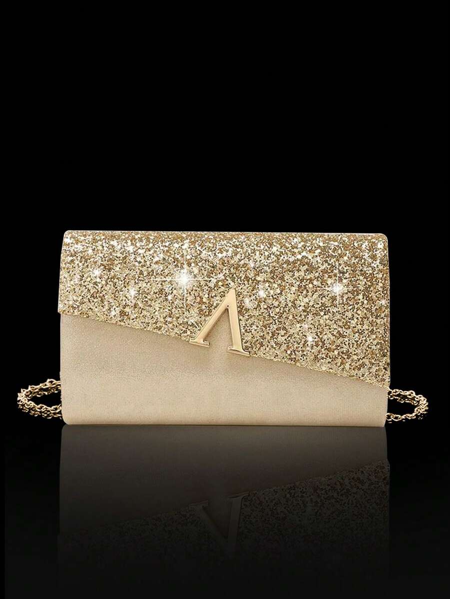 Poșetă de seară și geantă de petrecere cu paiete strălucitoare, poșetă de petrecere pentru doamne la modă, design de nuntă în formă de V pentru mireasă, set de 3 bijuterii din stras strălucitor asortat: colier elegant cu pandantiv în formă de Y, cercei și brățară, potrivit pentru fete care participă la petreceri, nunți și evenimente de seară. - imagine 2