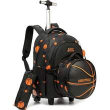 男童带轮背包，圆形，带扣，可作书包和铅笔盒，适合小学生、儿童足球旅行行李箱