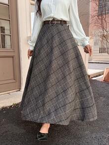 EARO 时尚女士长款格子 A 字裙，优雅腰带设计，休闲长裙，春夏款 - 咖啡棕 - 查看 7