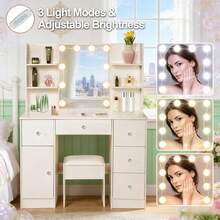 Large Dressing Table Stool Set With LED Lights Mirror, White Vanity Make Up Desk - White - View 6