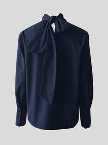 女士优雅灯笼袖上衣，饰有珍珠，时尚宽松系带腰身设计，适合派对、办公场合穿着。 - 藏蓝色 - 查看 4