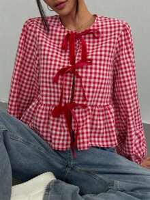 Blusa a cuadros rojos y blancos para mujer - Camisa casual retro linda con detalle de lazo, manga abullonada y bajo con volantes - Rojo - Ver 3