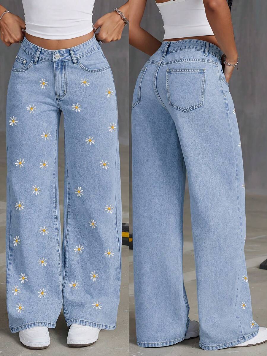 Women's Vintage Washed Blue Denim Wide-Leg Straight-Leg Pants With Embroidery - Relaxed Fit Washable Pants Suitable For Spring/Autumn, Casual Wear & Western Outfits - 彩色 - 查看 1