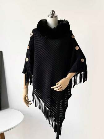 1 st minimalistisk exklusiv fuskminkpälskrage enfärgad stickad ponchosjal för kvinnor, höst-/vintermode mångsidig varm pulloverjacka med sjalkrage, elegant design mjuk kantad knapp med luddig sjal, idealisk present till kvinnor