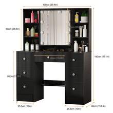 Modern Dressing Table Set With Large Mirror And 7 Drawers Wood Makeup Desk Black - Schwarz - Übersicht 11