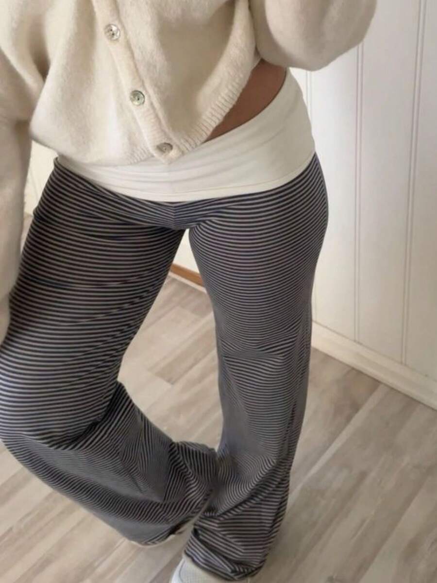 Fold Over Yoga Pants For Women Contrast Color Low Rise Straight Leg Sweatpants Y2k Stretchy Loose Gym Lounge Leggings Comfy Wide Leg Pajama Pants Flared Leggings - 黑色 - 查看 1