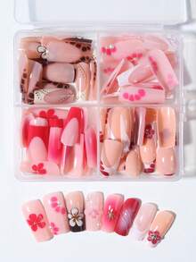 96片（4种不同款式）长方形3D凝胶美甲贴纸，可打造珍珠花朵美甲，白色法式贴片，亚克力材质，完美贴合假指甲。套装包含：1瓶果冻凝胶和1把指甲锉。夏季美甲，让您的指尖闪耀动人，适合女性日常工作和派对场合。 - 彩色 - 查看 4