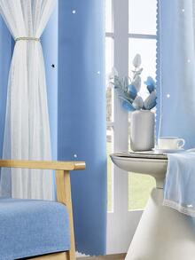 1pc Hollow Star Double Layer Voile Curtain, Top Grommet Curtain With Cute Perforated Star Design, Sheer Curtain For Bedroom, Living Room, Themed Room And Holiday Party Decor - 藍色 - 查看 6