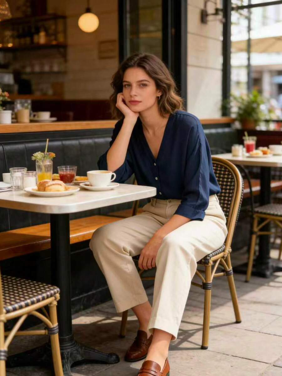 单件纯色休闲粘胶纽扣衬衫，适合假日、办公室、居家、日常、约会、返校、旅行、早午餐、机场等场合，春夏秋季均可穿着，无弹力，凉爽轻盈，日常居家办公粘胶七分袖V领休闲衬衫 - 深色水洗藍 - 查看 1