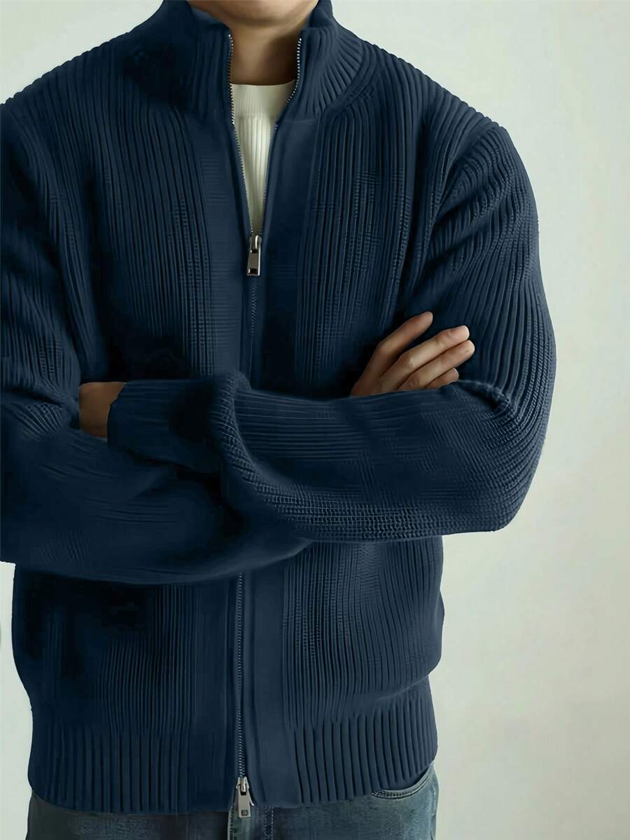 Thick Men's Solid Color Minimalist Casual Long Sleeve Cardigan Sweater - Navy Blue - View 1