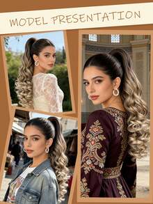 Claw Shaped Ponytail Extension Hair Accessory Gradient Brown 22 Inch Deep Wave Heat-Resistant Fiber Synthetic Ponytail Wig, Suitable For Women's Christmas, Halloween, Music Festivals, Parties, Daily Use - Brown Ombre - View 8